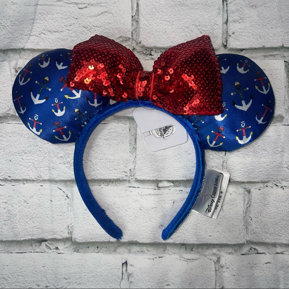 Disney Cruise Line Red Bow & Character Anchor Minnie Ears Headband NWT